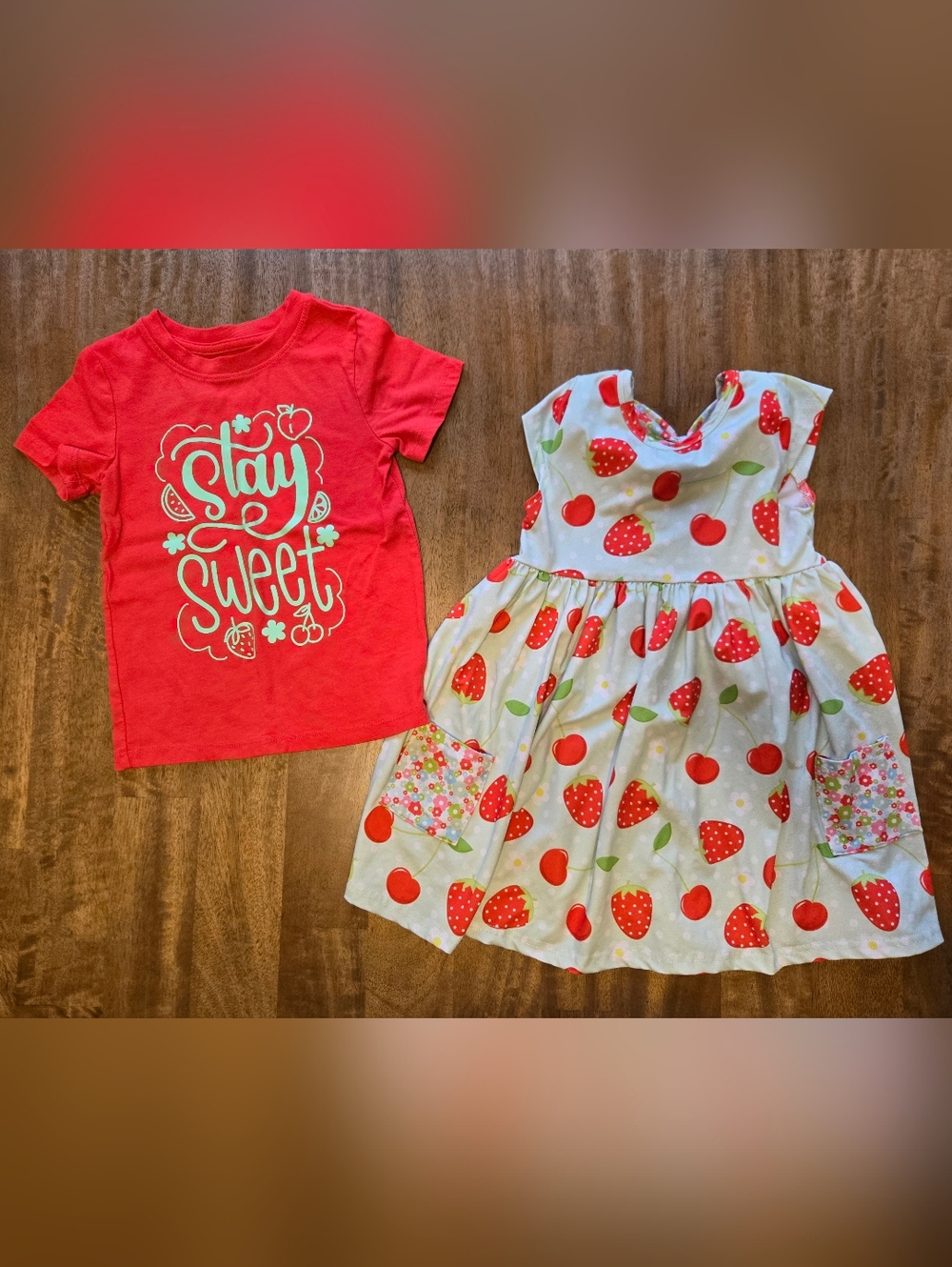 Kids Red Strawberry Print Dress with Matching Red Tee